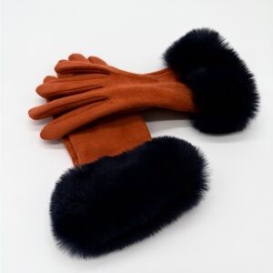 Powder Faux Suede Gloves Rust Orange w Navy Blue Faux Fur Cuffs Winter